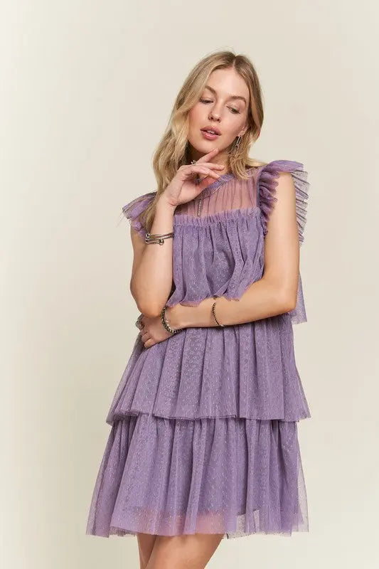 ADORA Layered Ruffled Cap Sleeve Mesh Dress-Very Besty