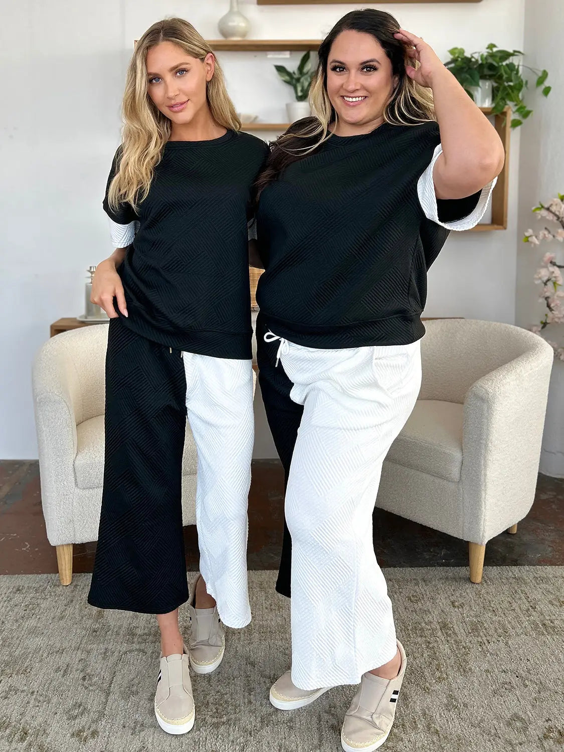 Double Take Full Size Texture Contrast T-Shirt and Wide Leg Pants Set-Very Besty