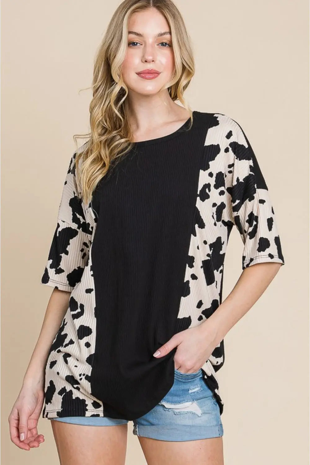 BOMBOM Rodeo Love Ribbed Animal Contrast Tee-Very Besty