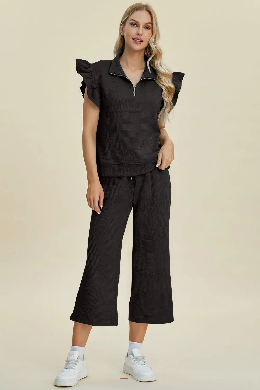 Double Take Full Size Texture Ruffle Short Sleeve Top and Wide Leg Pants Set-Very Besty