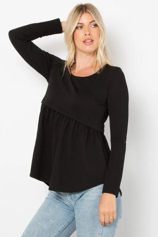 Be Stage Full Size Texture Babydoll Round Neck Long Sleeve Knit Top-Very Besty