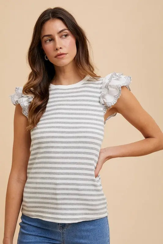 Annie Wear Ruffled Striped Round Neck Cap Sleeve Knit Top-Very Besty