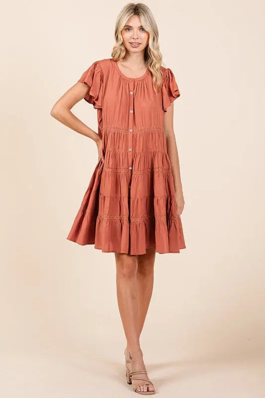 Mittoshop Lace Detail Ruffled Button Down Tiered Dress-Very Besty