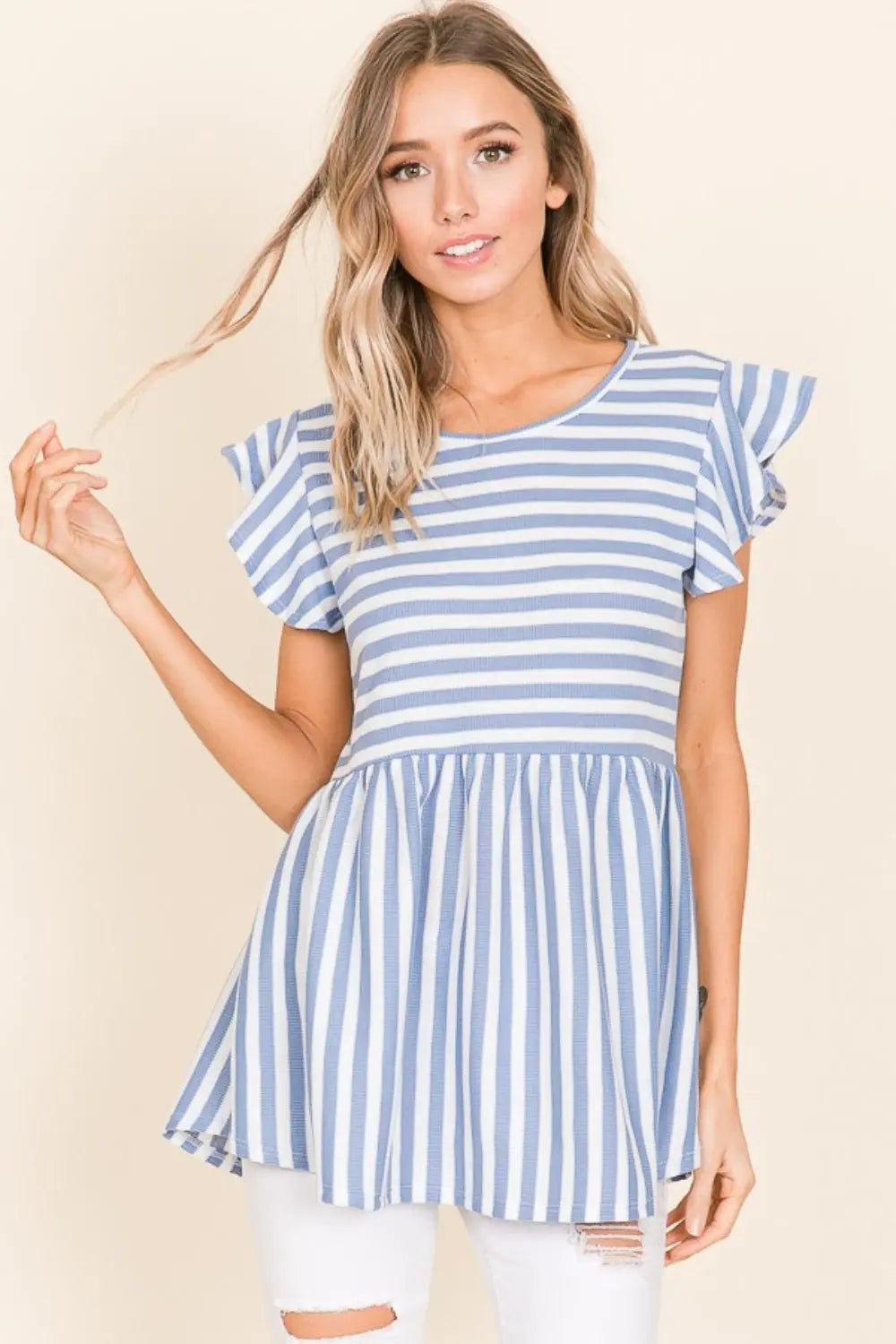 BOMBOM Striped Round Neck Blouse-Very Besty