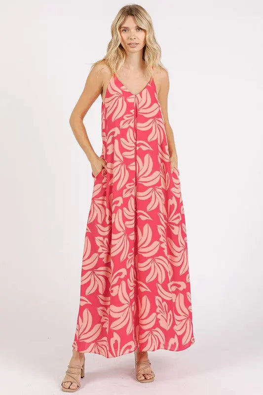 Mittoshop Printed V-Neck Maxi Cami Dress with Pockets-Very Besty