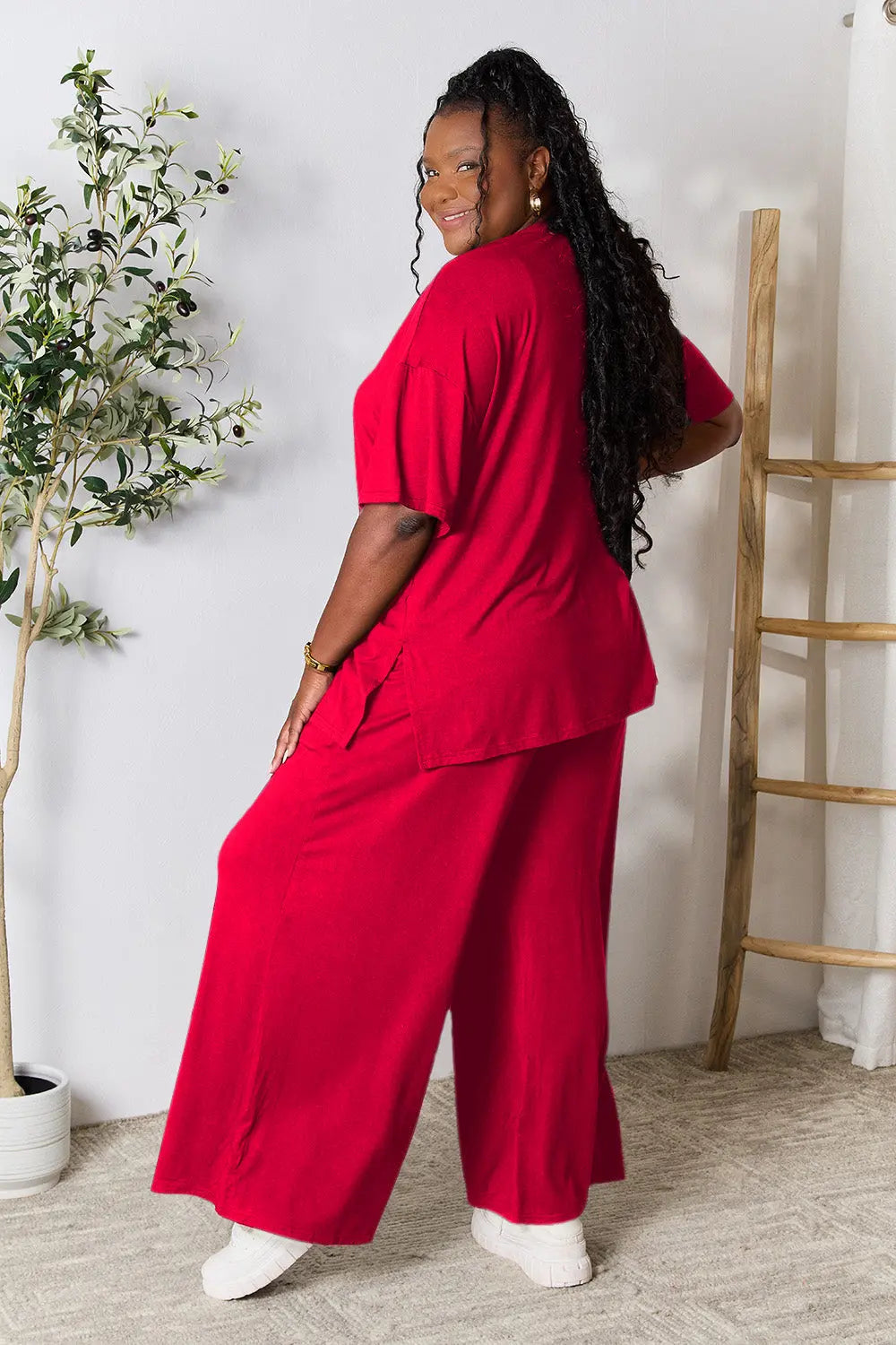 Double Take Full Size Round Neck Slit Top and Pants Set-Very Besty