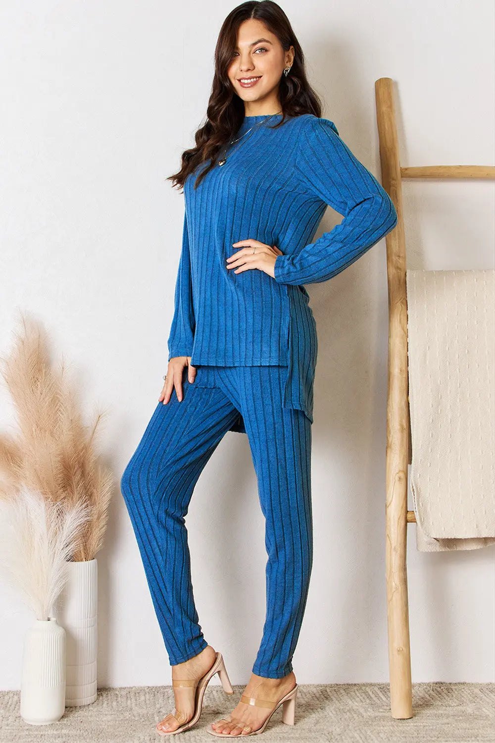 Basic Bae Full Size Ribbed Round Neck High-Low Slit Top and Pants Set-Very Besty