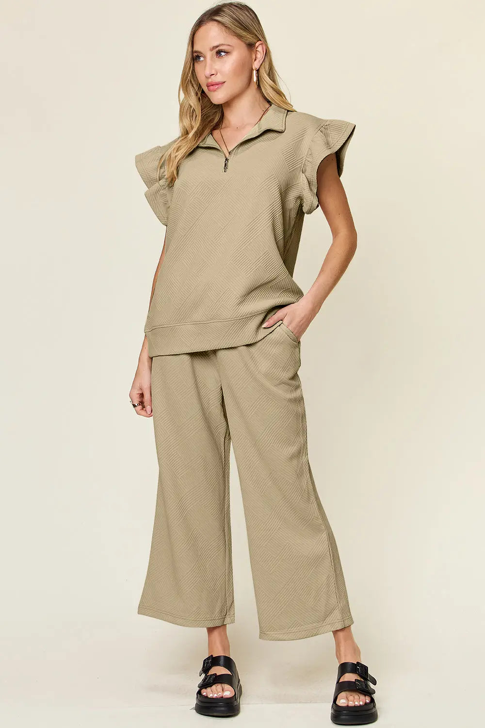 Double Take Texture Ruffle Short Sleeve Top and Drawstring Wide Leg Pants Set-Very Besty