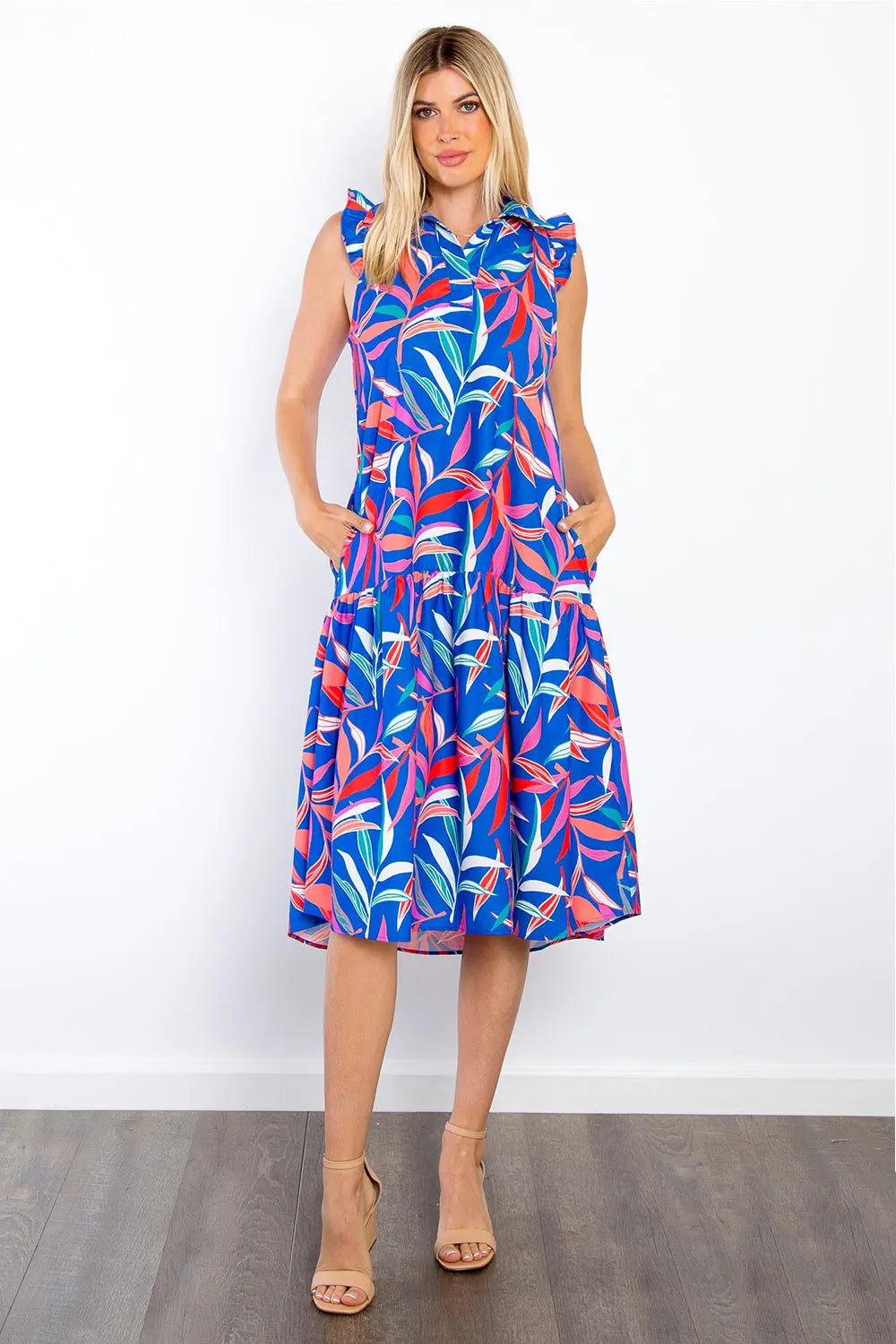 Be Stage Print Ruffled Midi Dress with Pockets-Very Besty