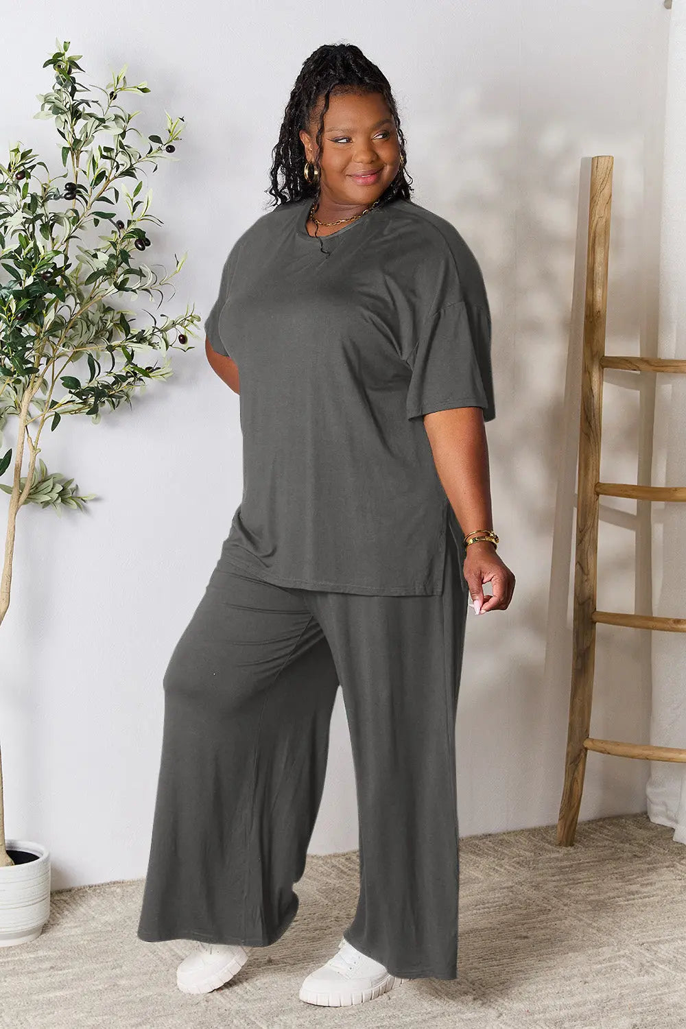 Double Take Full Size Round Neck Slit Top and Pants Set-Very Besty