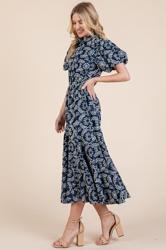 GeeGee Natural Leaf Pattern Eyelet Lace Puff Sleeve Dress-Very Besty