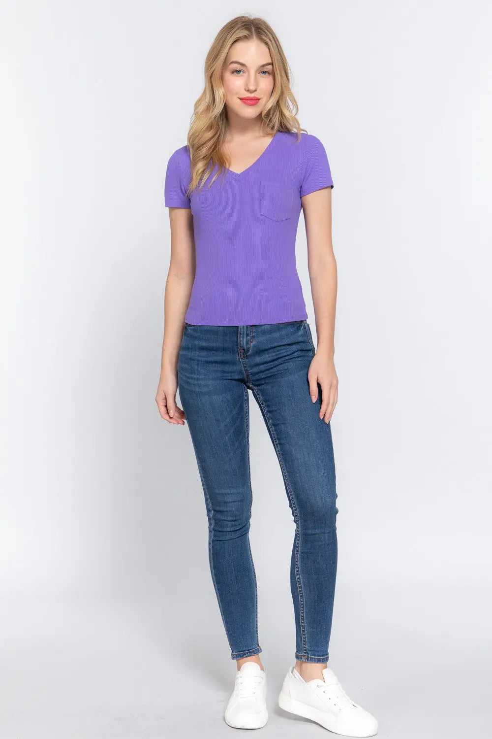ACTIVE BASIC V-Neck Ribbed Short Sleeve Knit T-Shirt-Very Besty