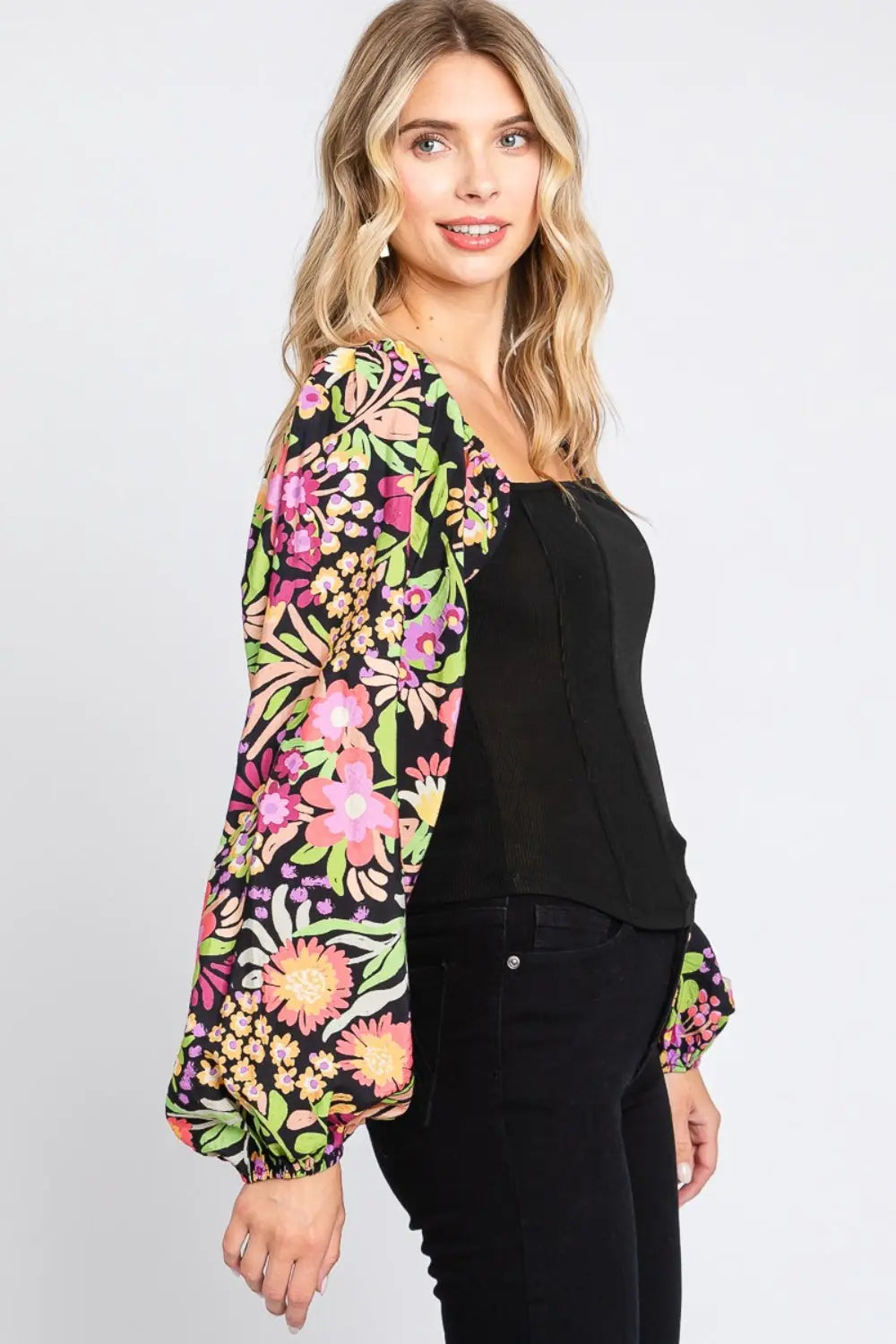 ODDI Full Size Floral Balloon Sleeve Blouse-Very Besty