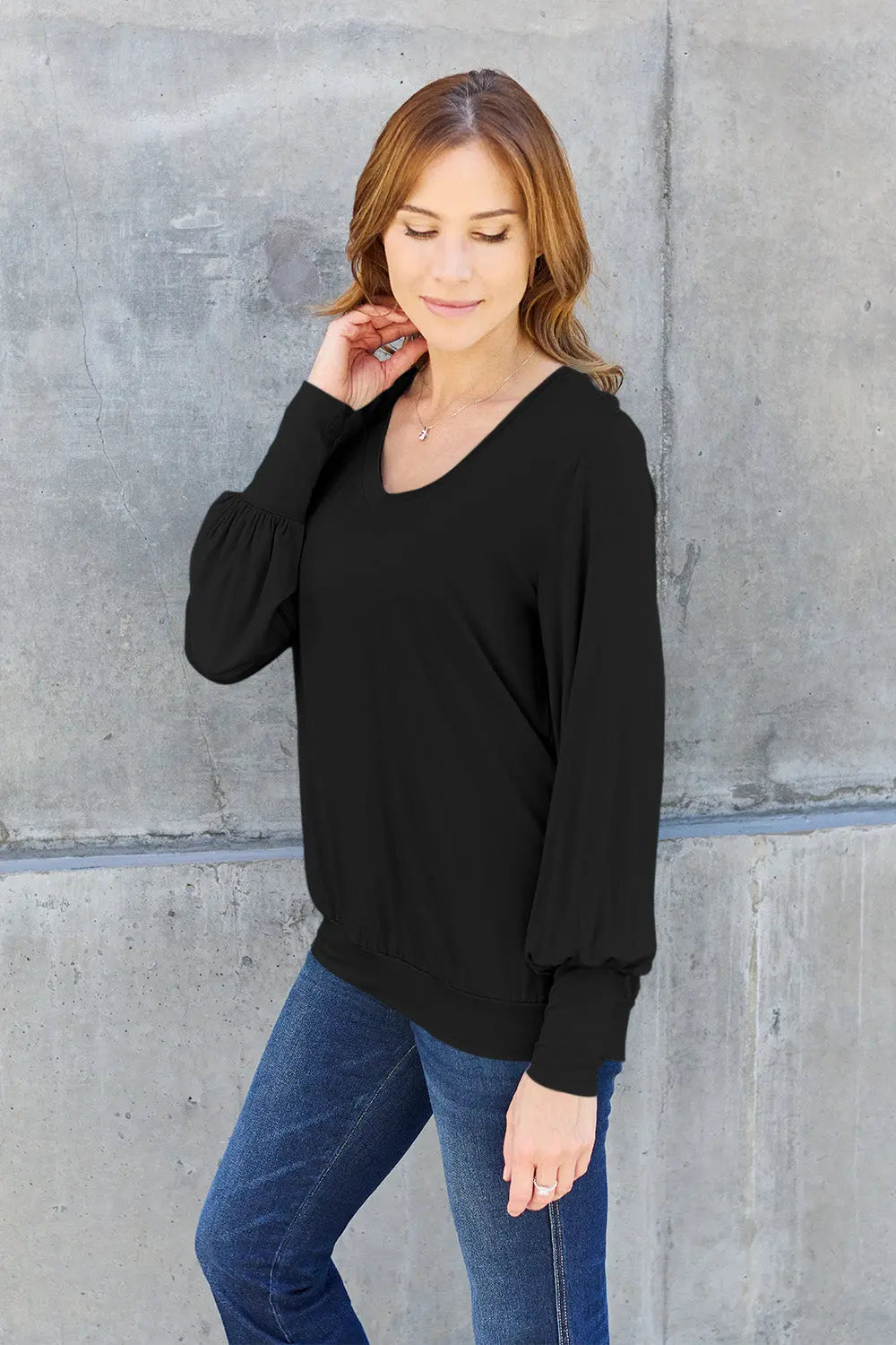 Basic Bae Full Size V-Neck Lantern Sleeve Top-Very Besty