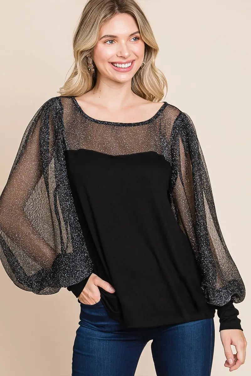 Super Lady Full Size Metallic Mesh Lantern Sleeve Blouse-Very Besty