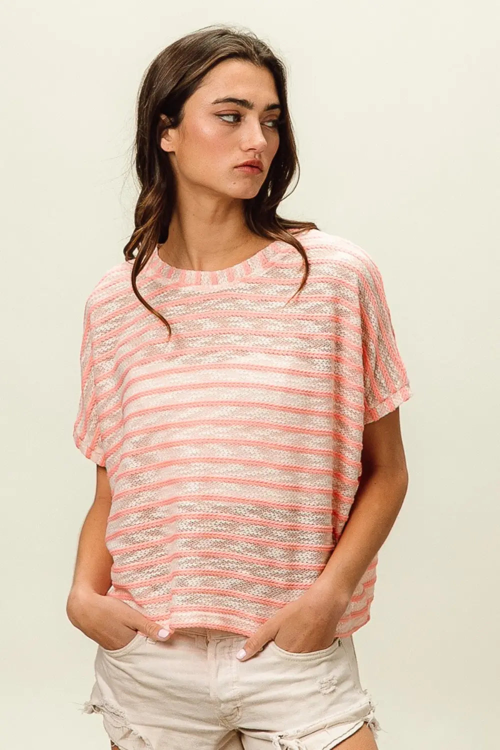 BiBi Braid Striped Short Sleeve Round Neck T-Shirt-Very Besty