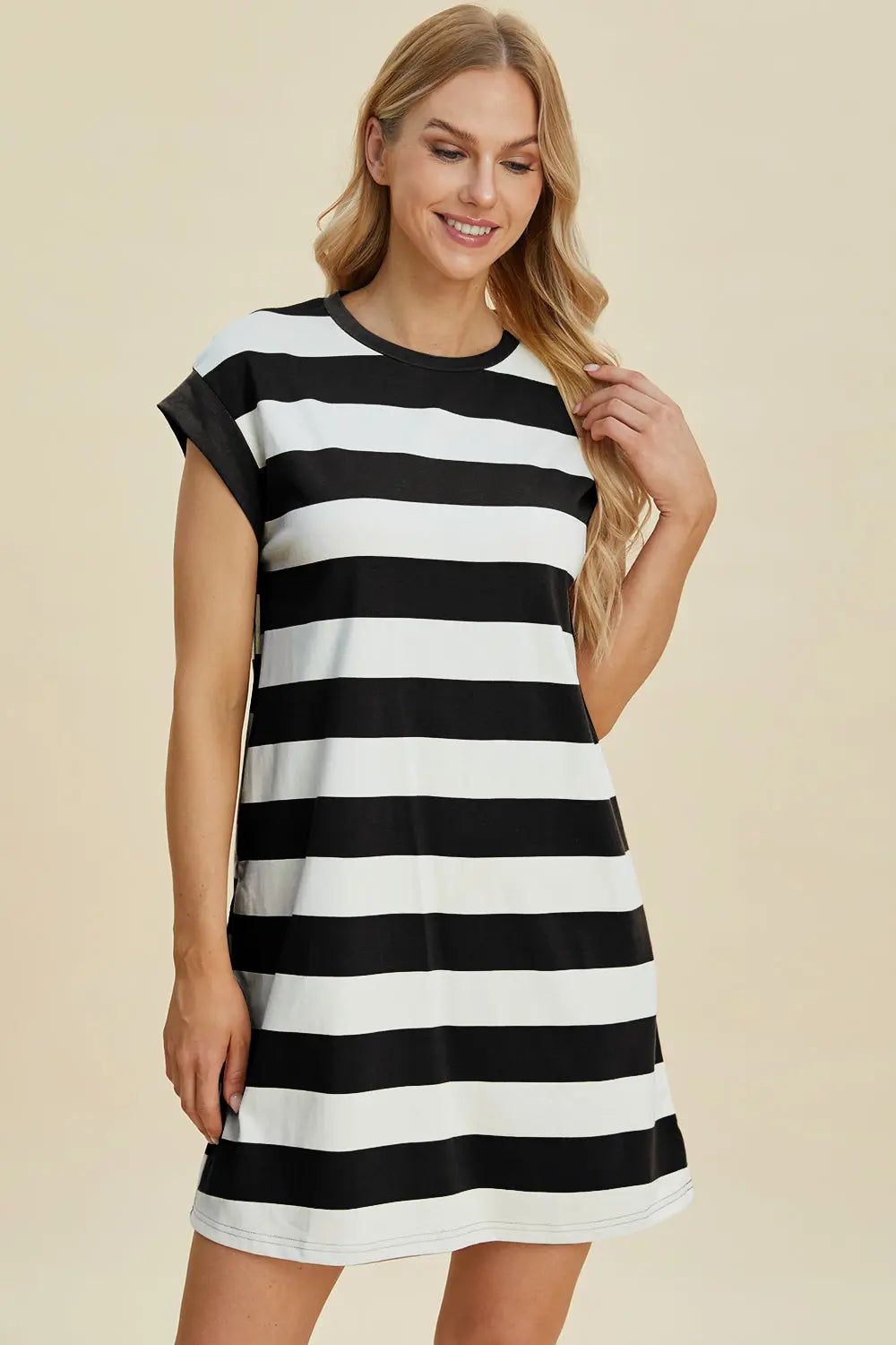 Basic Bae Full Size Striped Round Neck Cap Sleeve Mini Dress-Very Besty