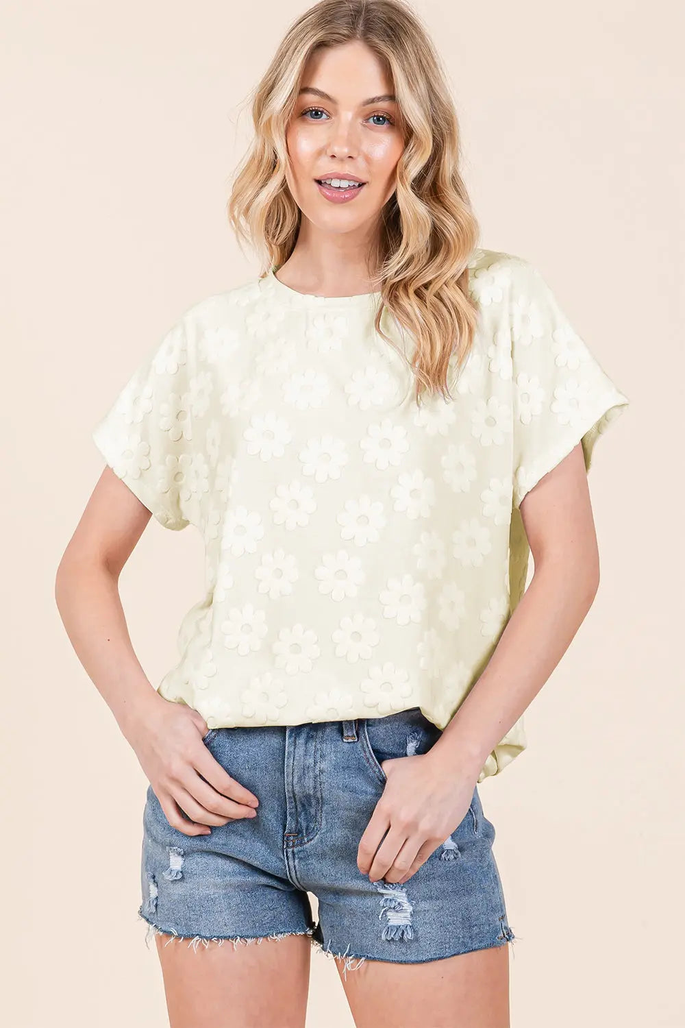 BOMBOM Textured Floral Pattern Short Sleeve T-Shirt-Very Besty