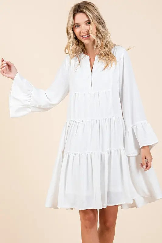Mittoshop Tiered Notched Flare Sleeve Dress-Very Besty