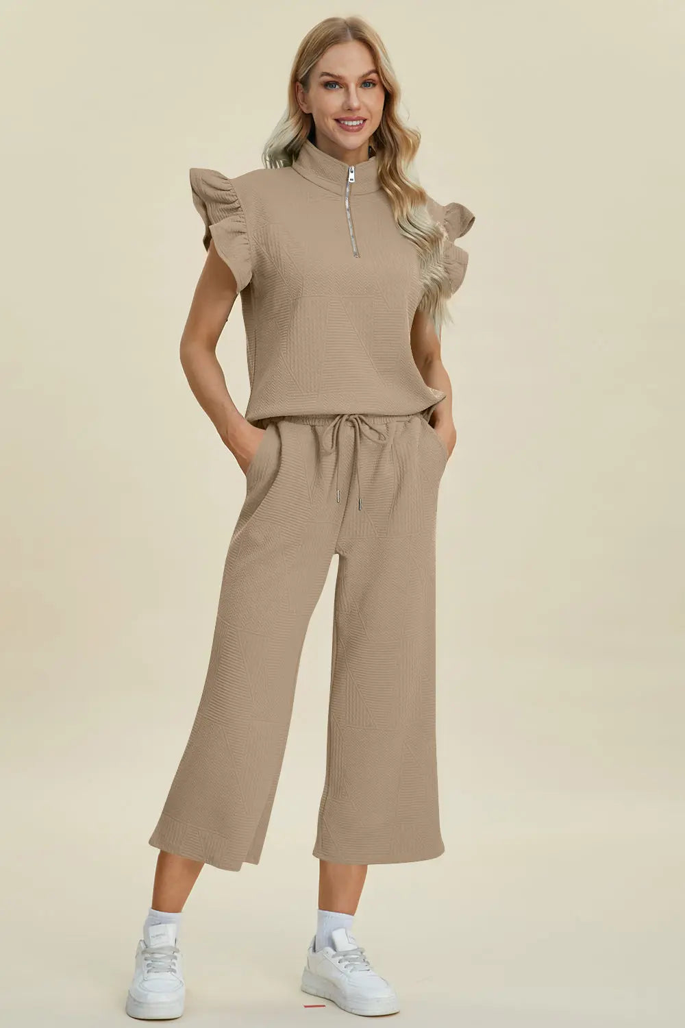 Double Take Full Size Texture Ruffle Short Sleeve Top and Wide Leg Pants Set-Very Besty