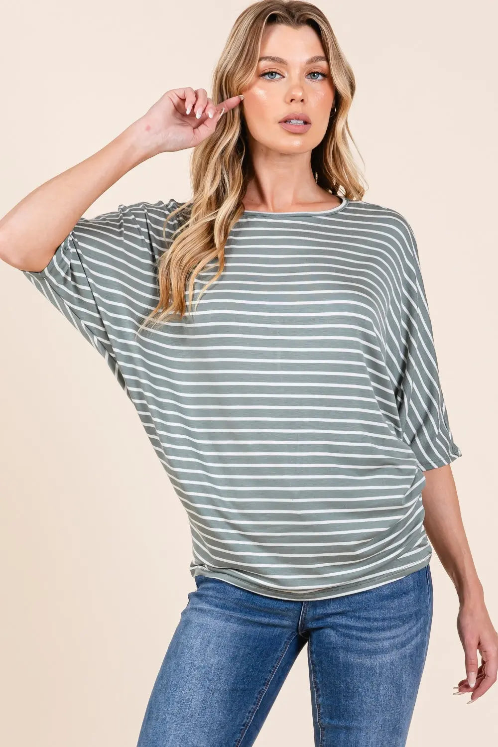 BOMBOM Striped Boat Neck Dolman Sleeve Top-Very Besty