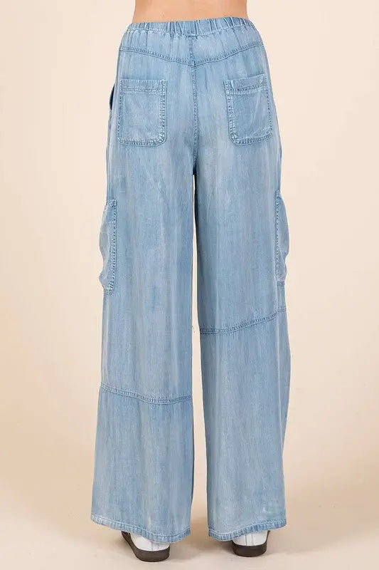Mittoshop Washed Elastic Waist Cargo Wide Leg Pants-Very Besty