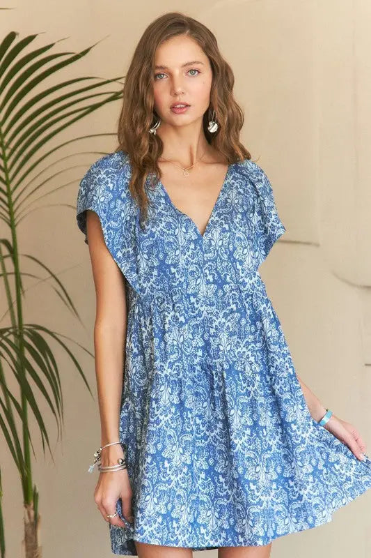 ADORA Printed V-Neck Ruffle Sleeve Mini Dress-Very Besty