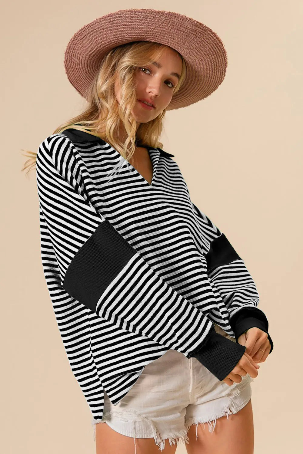BiBi Striped Contrast Long Sleeve Knit Top-Very Besty