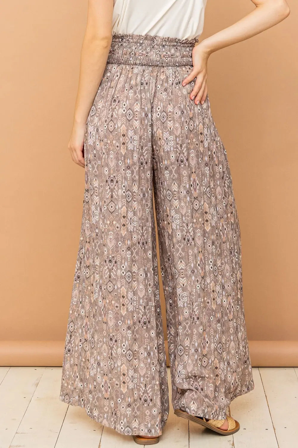 And The Why Printed Smocked Waist Slit Wide Leg Pants-Very Besty