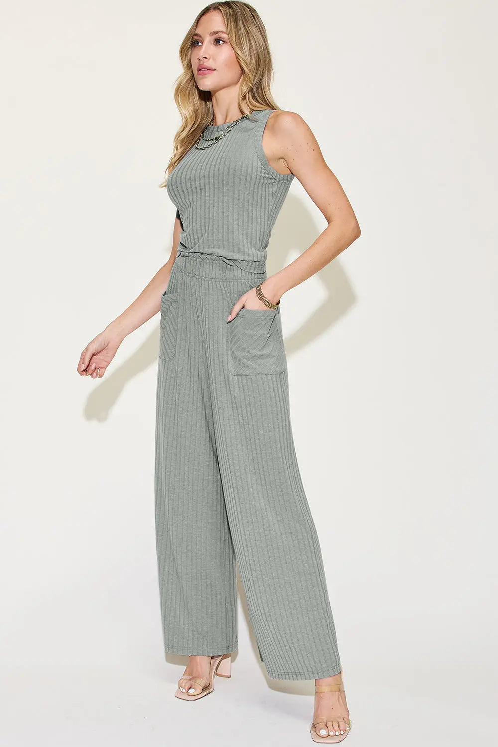 Basic Bae Full Size Ribbed Tank and Wide Leg Pants Set-Very Besty