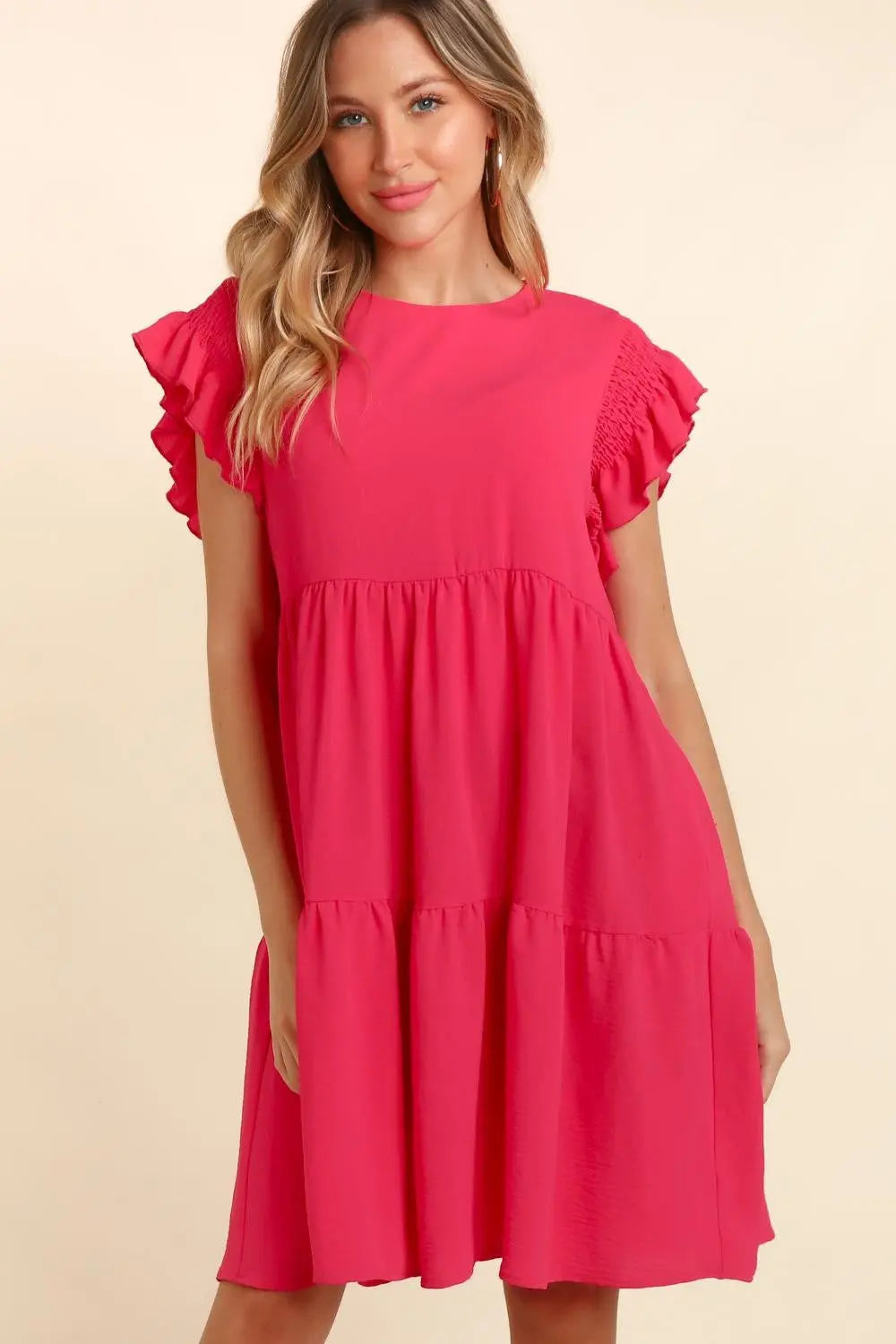 Haptics Full Size Smocking Ruffle Short Sleeve Dress with Pockets-Very Besty