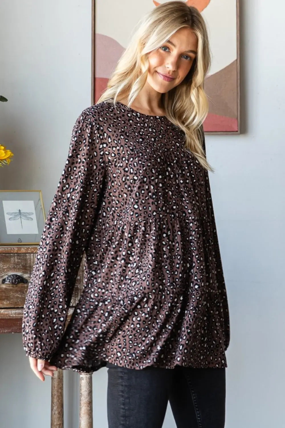 Heimish Leopard Long Sleeve Tiered Blouse-Very Besty