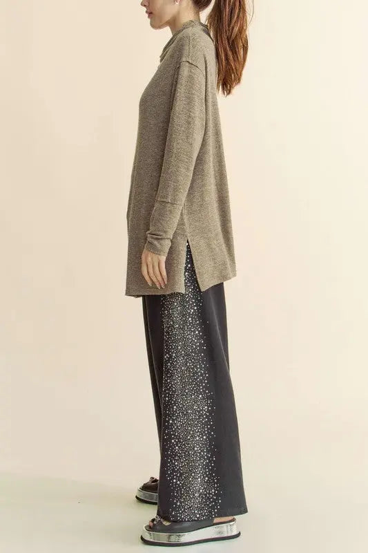 Davi & Dani Slit Mock Neck Long Sleeve Top-Very Besty