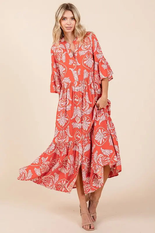 Mittoshop Abstract Leaf Print Tiered Ruffle Dress-Very Besty