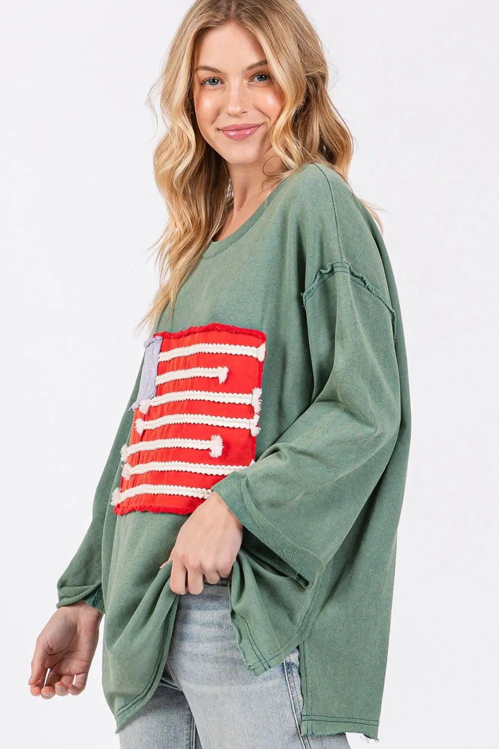 SAGE + FIG Full Size American Flag Patch Drop Shoulder T-Shirt-Very Besty