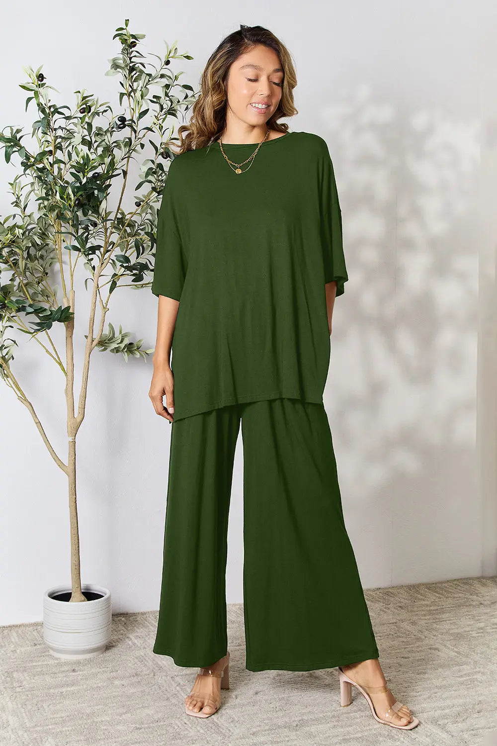 Double Take Full Size Round Neck Slit Top and Pants Set-Very Besty