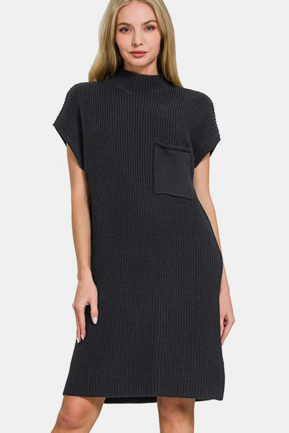 Zenana Mock Neck Short Sleeve Sweater Dress-Very Besty