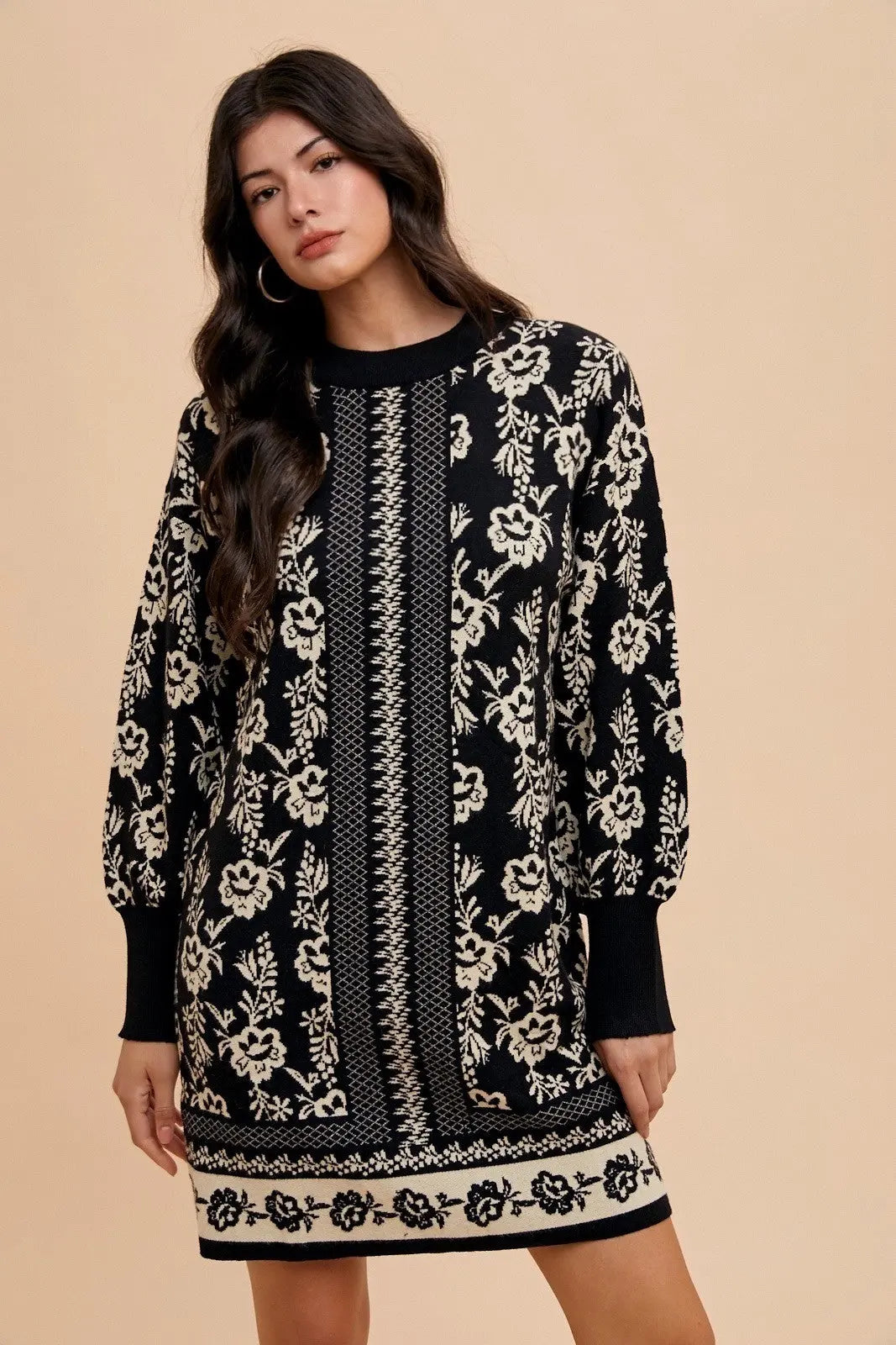 Annie Wear Floral Jacquard Round Neck Sweater Dress-Very Besty