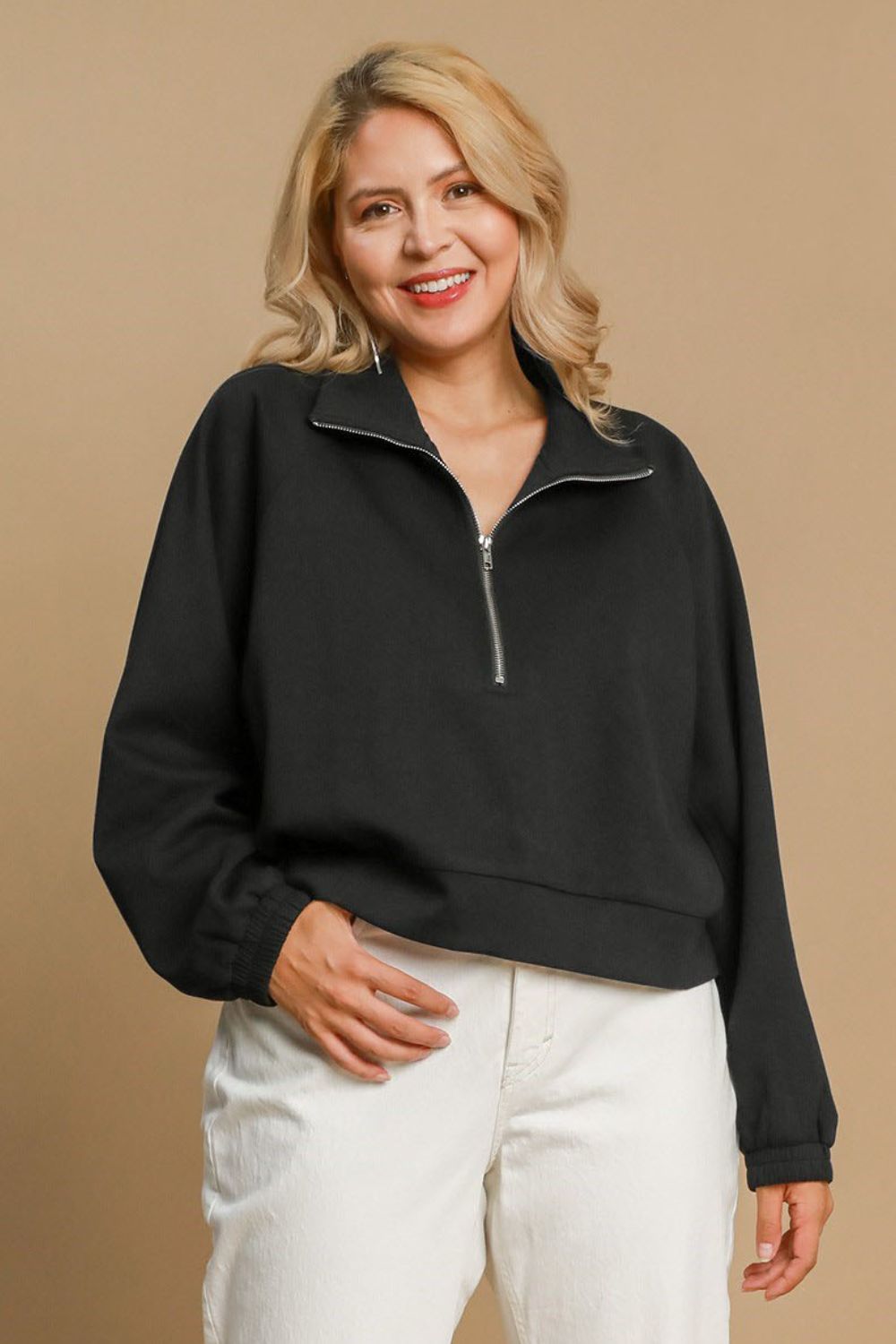 Umgee Full Size Half Zip Cropped Sweatshirt Plus Size-Very Besty