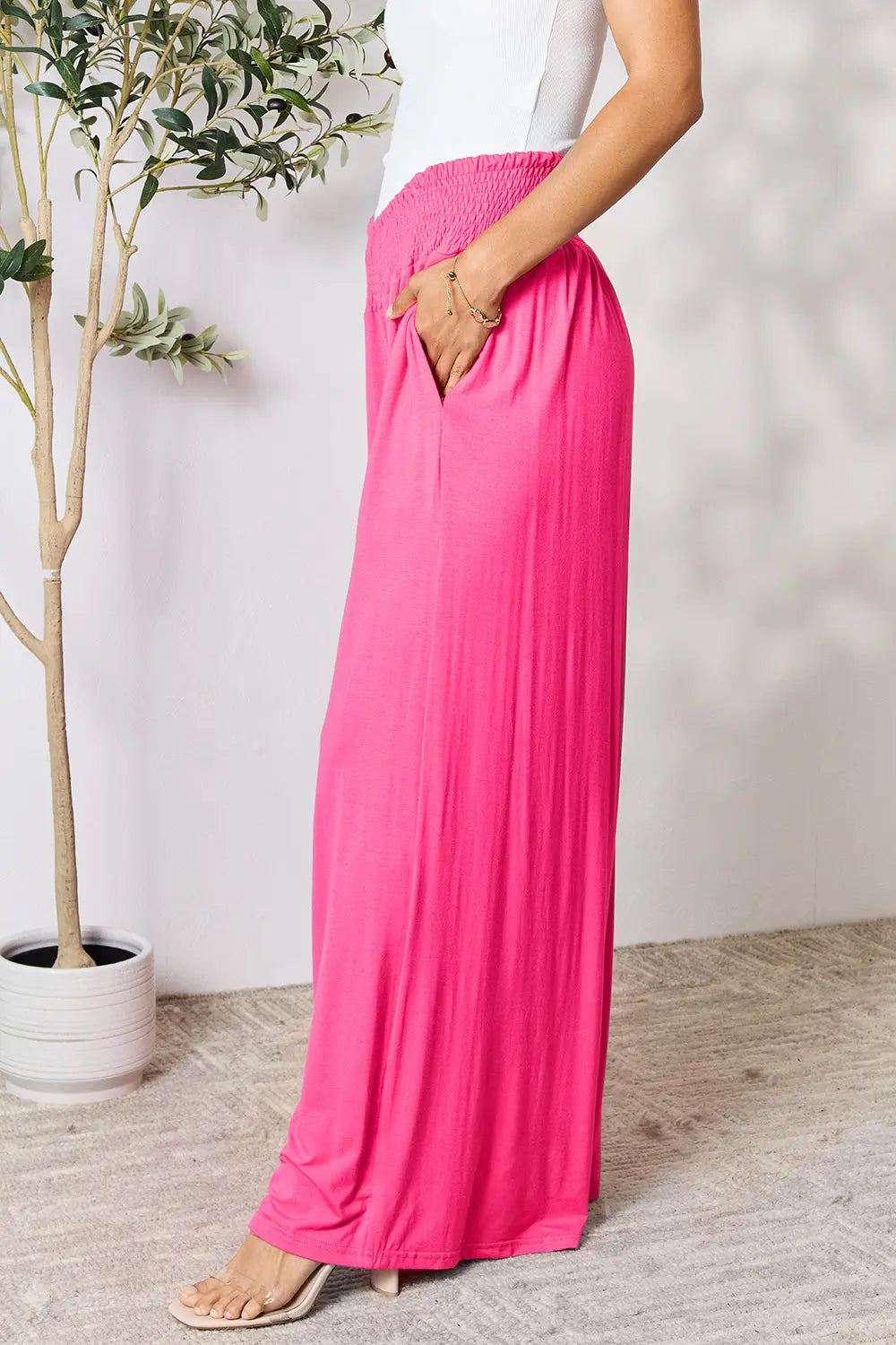 Basic Bae Full Size Smocked Wide Waistband Wide Leg Pants-Very Besty