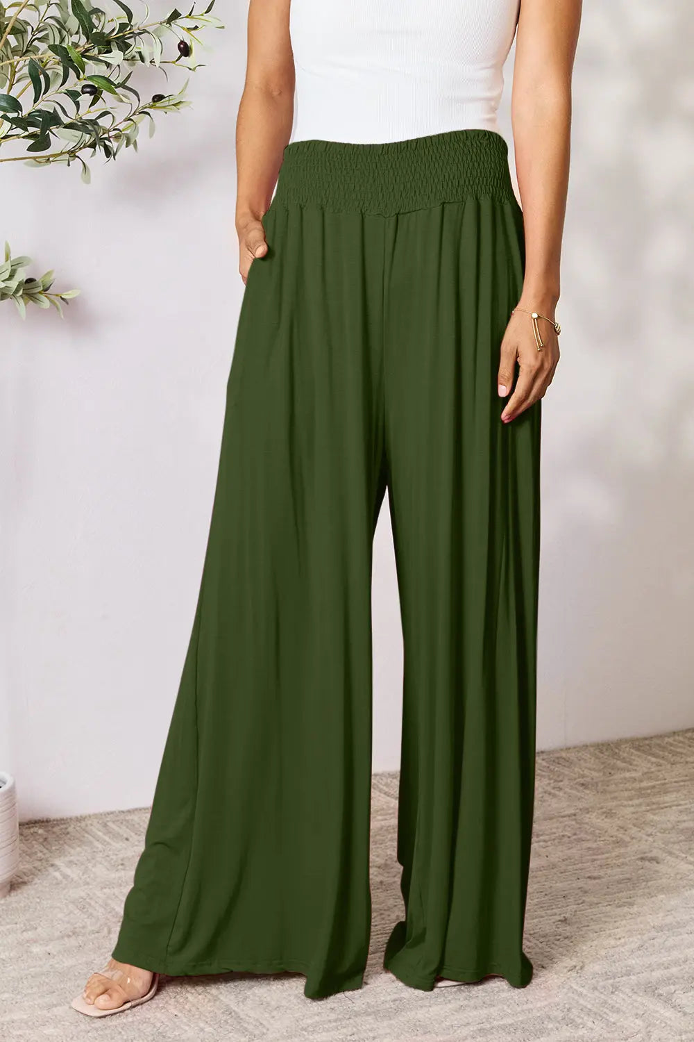 Basic Bae Full Size Smocked Wide Waistband Wide Leg Pants-Very Besty