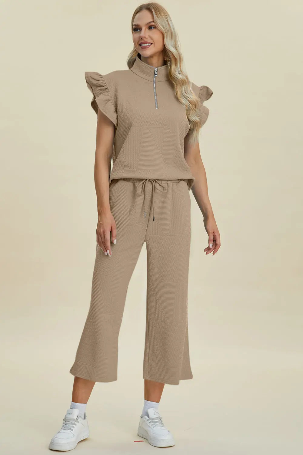 Double Take Full Size Texture Ruffle Short Sleeve Top and Wide Leg Pants Set-Very Besty