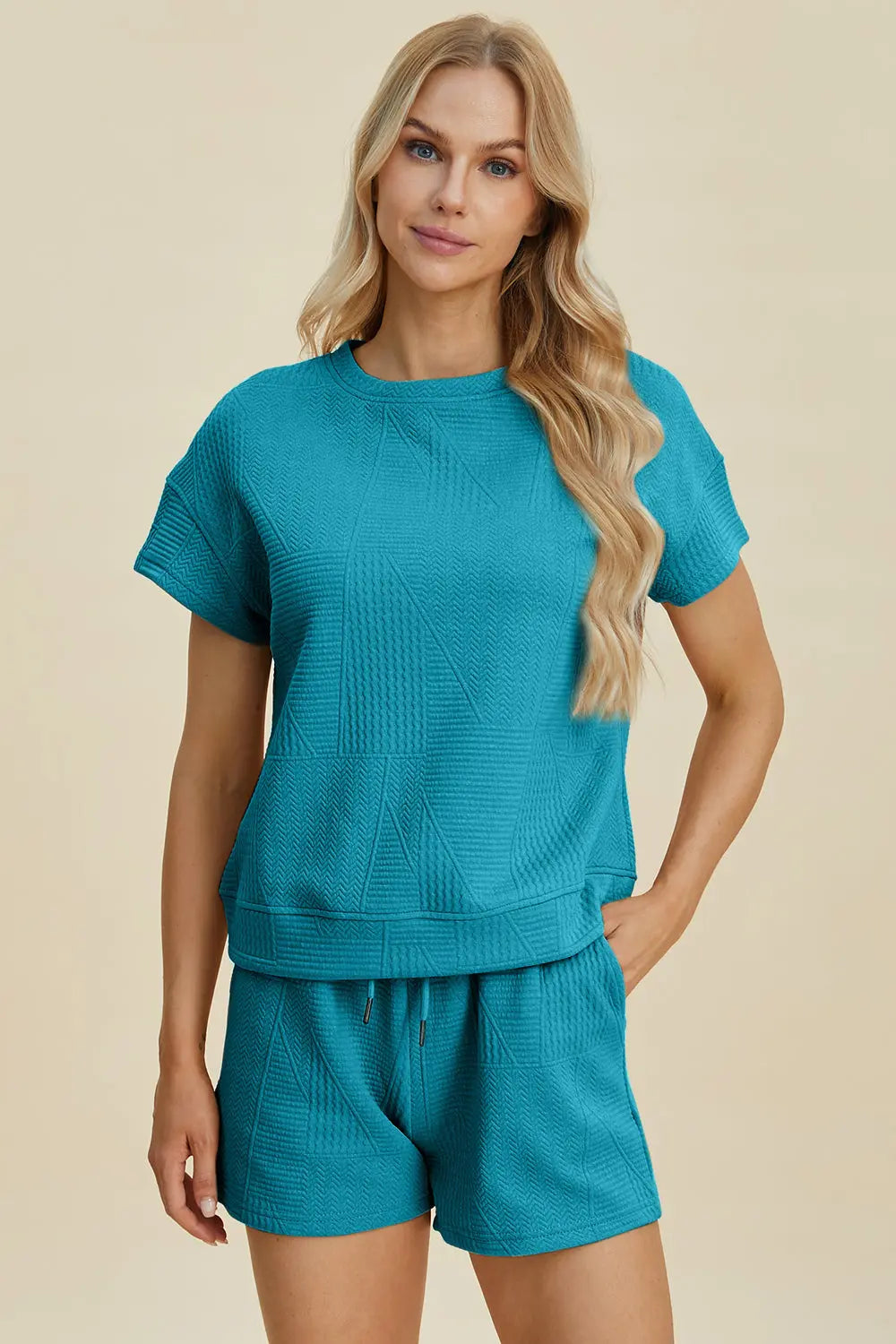 Double Take Full Size Texture Short Sleeve Top and Shorts Set-Very Besty