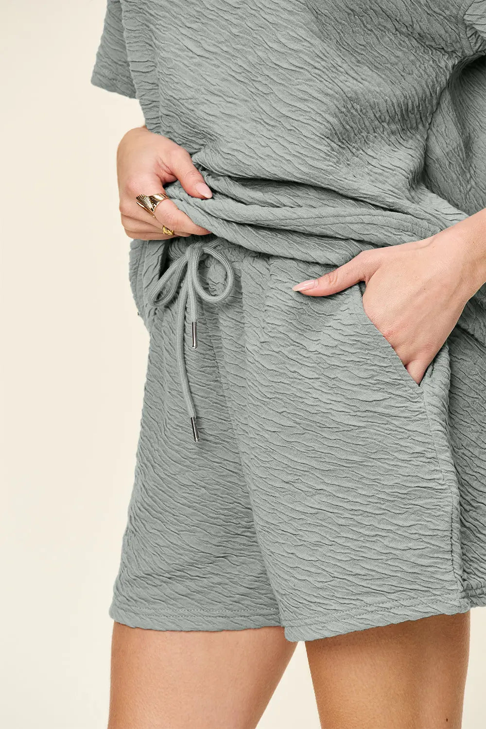 Double Take Full Size Texture Short Sleeve T-Shirt and Drawstring Shorts Set-Very Besty
