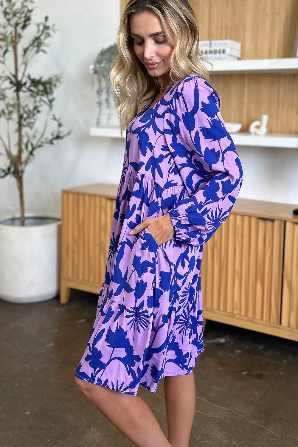 Double Take Full Size Printed Ruffle Hem Dress with Pocket-Very Besty