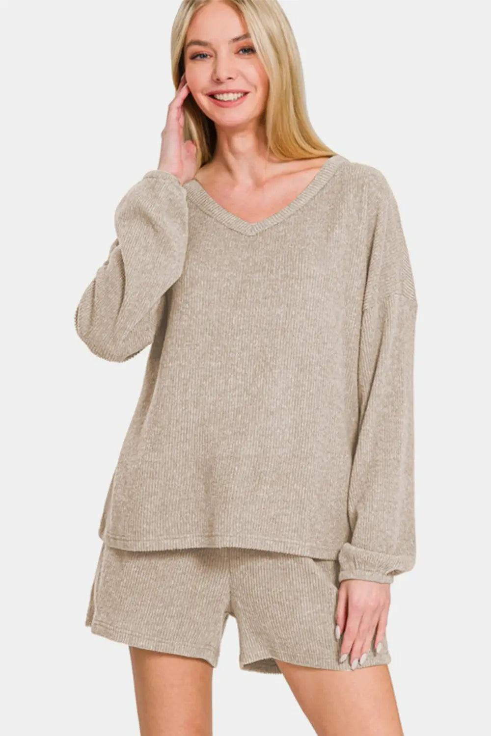 Zenana V-Neck Long Sleeve Ribbed Top and Shorts Set-Very Besty