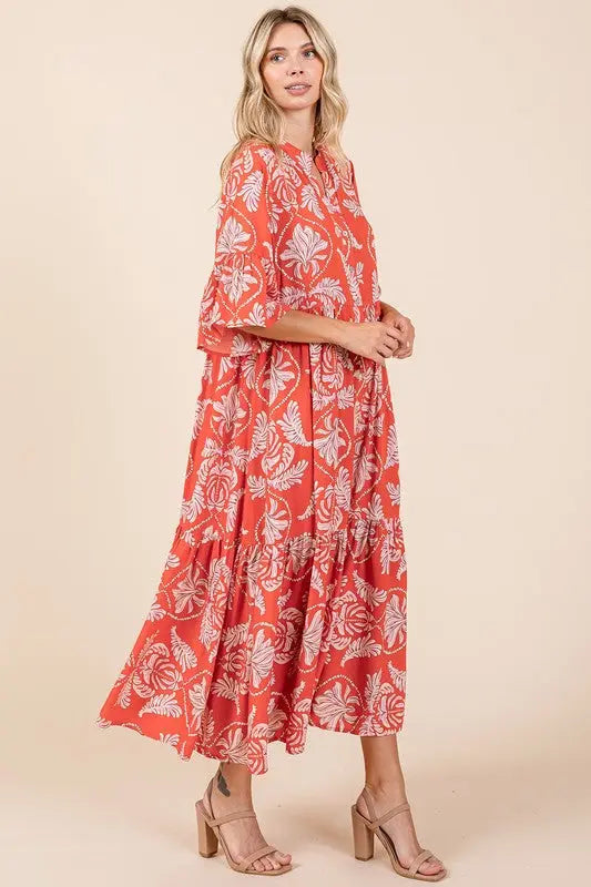 Mittoshop Abstract Leaf Print Tiered Ruffle Dress-Very Besty