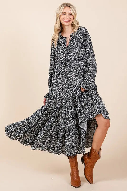 Mittoshop Printed Tie Neck Flounce Sleeve Midi Dress-Very Besty