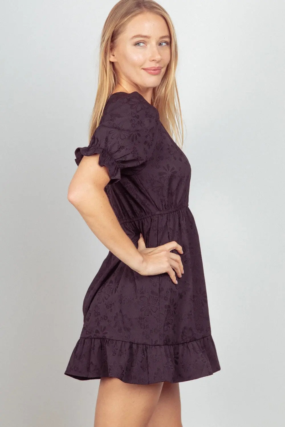 VERY J Floral Textured Woven Ruffled Mini Dress-Very Besty