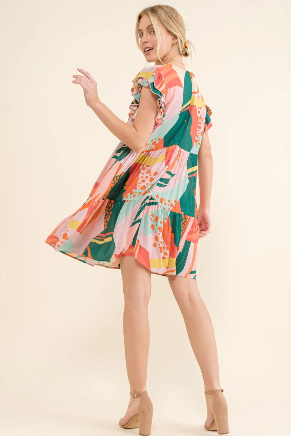 And The Why Printed Double Ruffle Sleeve Dress-Very Besty